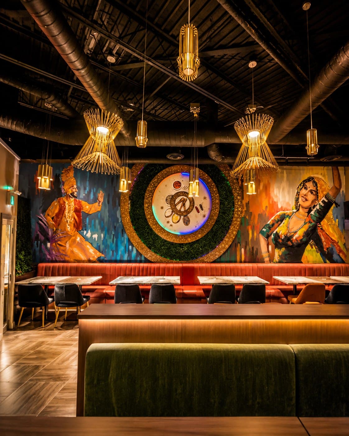 Completed restaurant dining room with feature wall and lighting