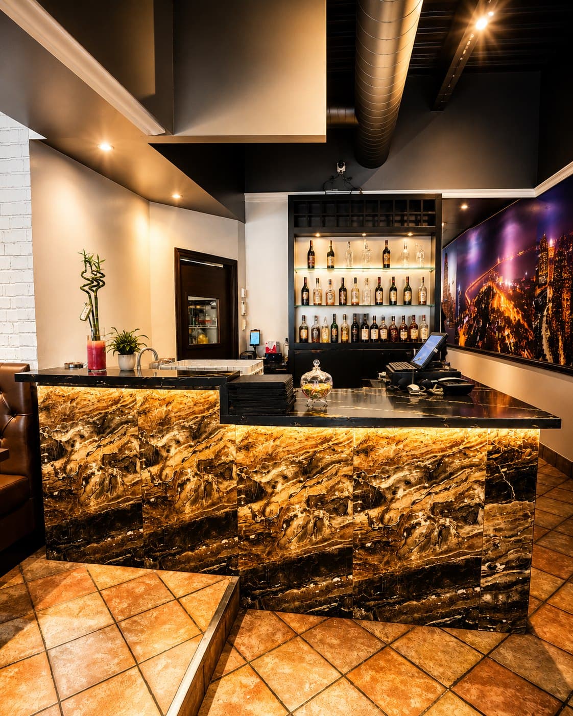Premium restaurant bar counter with stone finish and back bar
