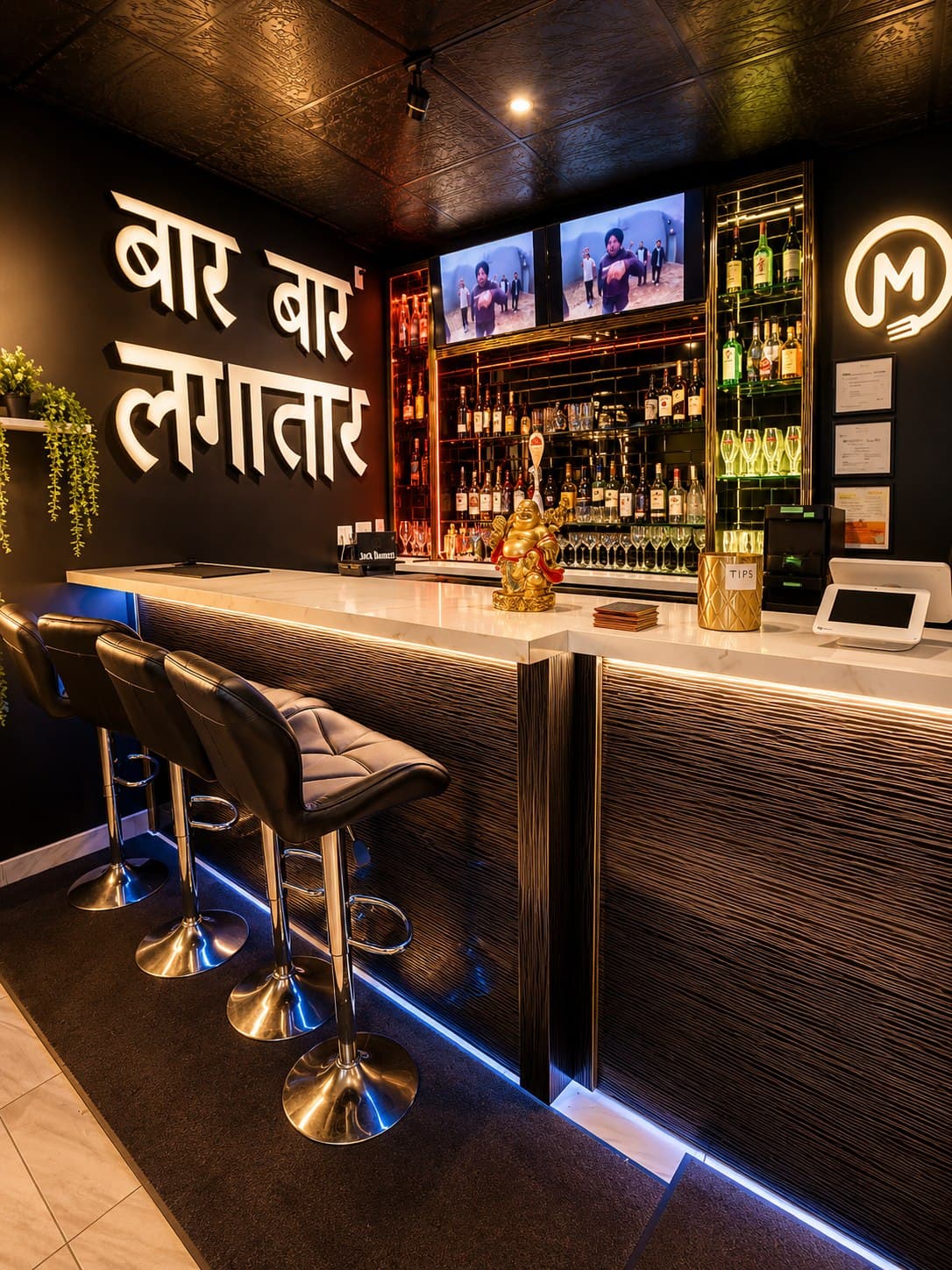 Finished marble bar with custom signage at Mehfil Etobicoke